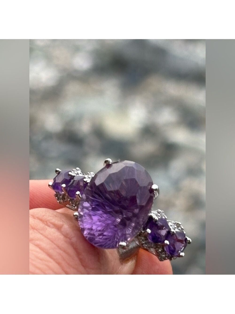 925 Sterling Silver Honeycomb Cut African Amethyst Ring White Zircon Size 10
